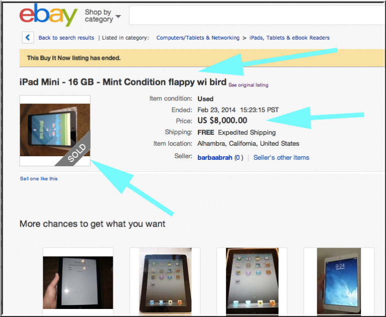 Amazingly, this iPad Mini with Flappy Bird sells for $8K on eBay