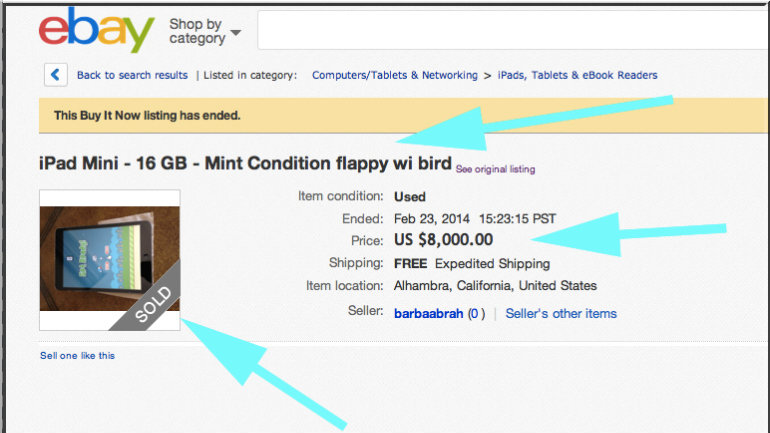 Amazingly, this iPad Mini with Flappy Bird sells for $8K on eBay